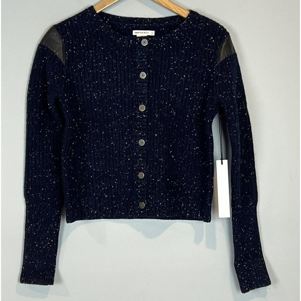 Paper Denim & Cloth Blue Cardigan Cropped Sweater Leather Accents Small NWT $200